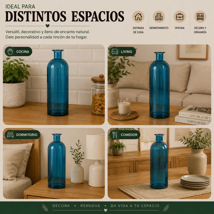 Florero Botella De Vidrio Decorativo Tonos Azules L