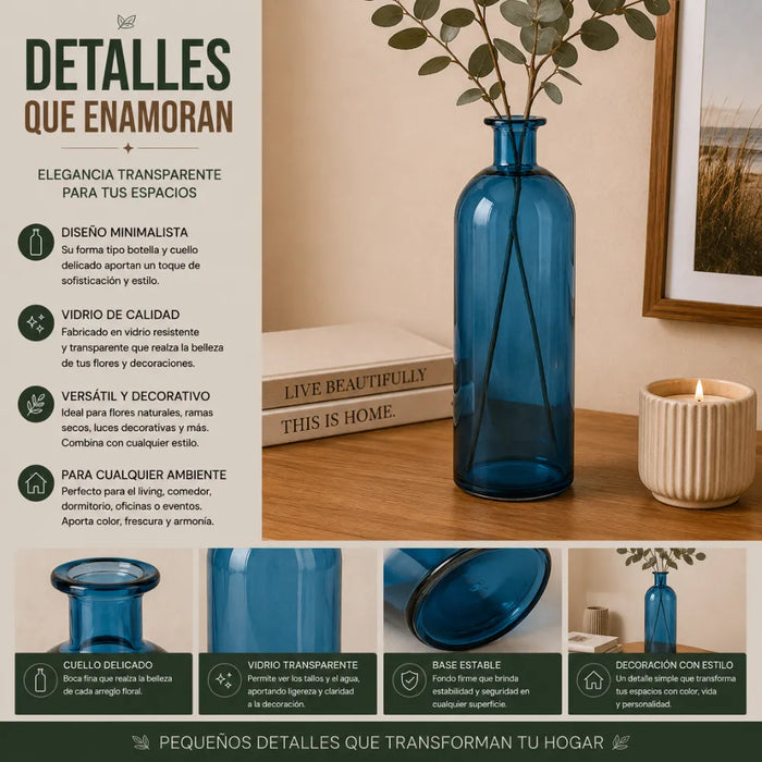 Florero Botella De Vidrio Decorativo Tonos Azules L