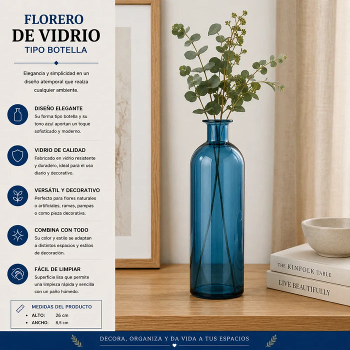 Florero Botella De Vidrio Decorativo Tonos Azules L
