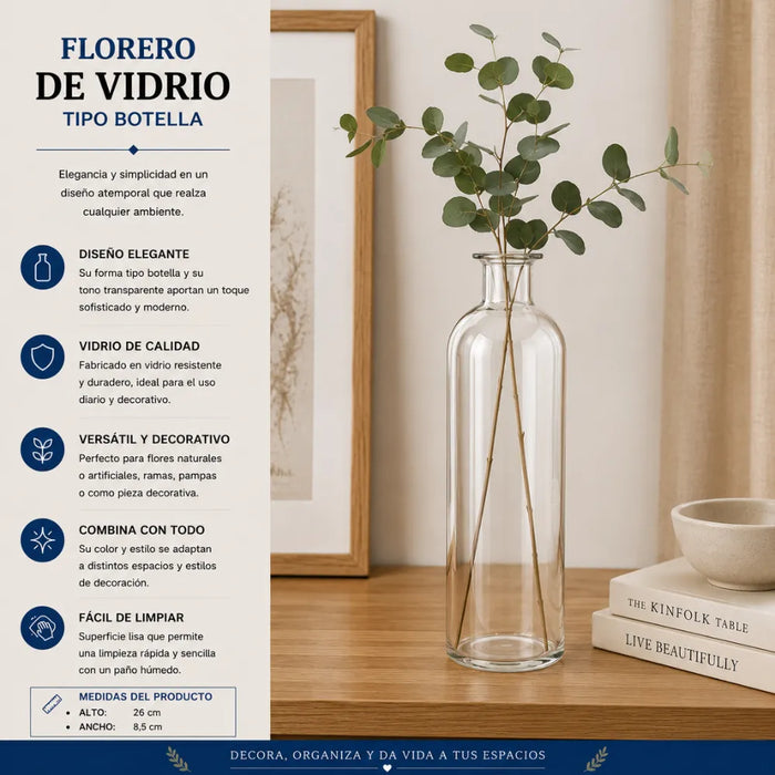 Florero Botella De Vidrio Decorativo Transparente L