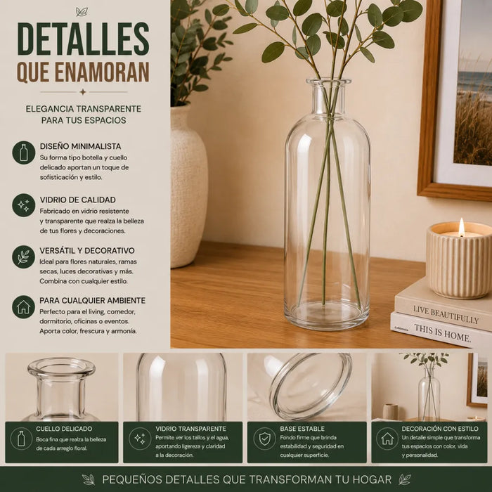 Florero Botella De Vidrio Decorativo Transparente L