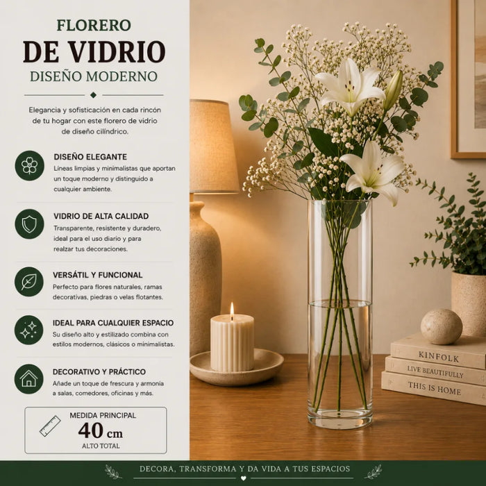 Florero De Vidrio Alto Cilindrico Transparente Hogar L 40 CM