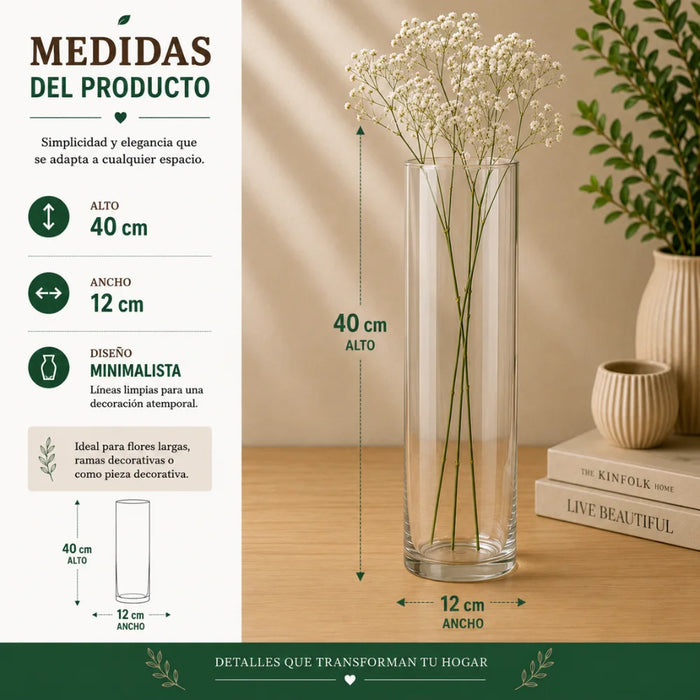 Florero De Vidrio Alto Cilindrico Transparente Hogar L 40 CM