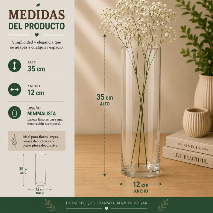 Florero De Vidrio Alto Cilindrico Transparente Hogar M 35 CM