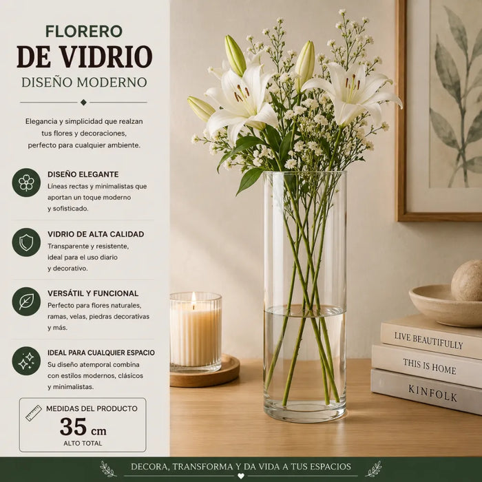 Florero De Vidrio Alto Cilindrico Transparente Hogar M 35 CM