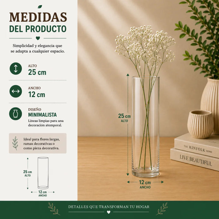 Florero De Vidrio Alto Cilindrico Transparente Hogar S 25 CM