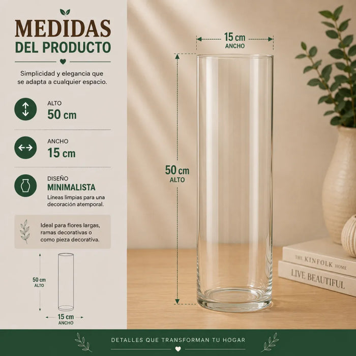 Florero De Vidrio Alto Cilindrico Transparente Jarron L