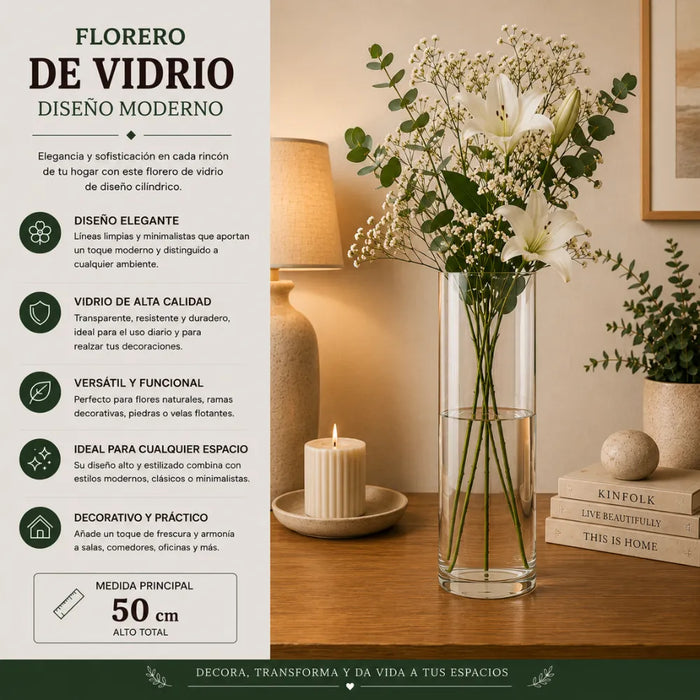 Florero De Vidrio Alto Cilindrico Transparente Jarron L