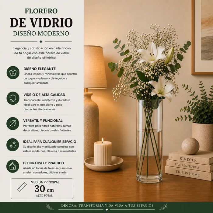Florero De Vidrio Alto Cilindrico Transparente Jarron M