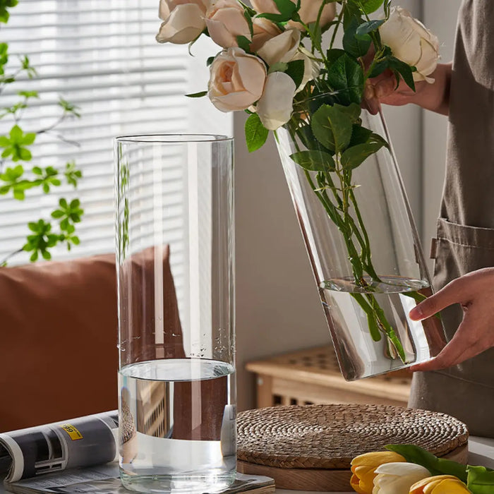 Florero De Vidrio Alto Cilindrico Transparente Mediano