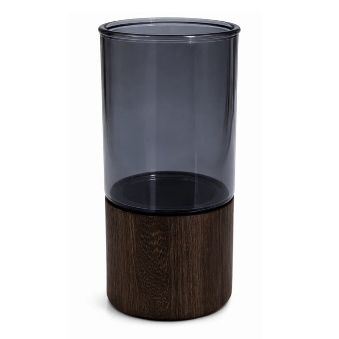 Florero Decorativo De Vidrio Liso Tonos Gris Con Base Madera