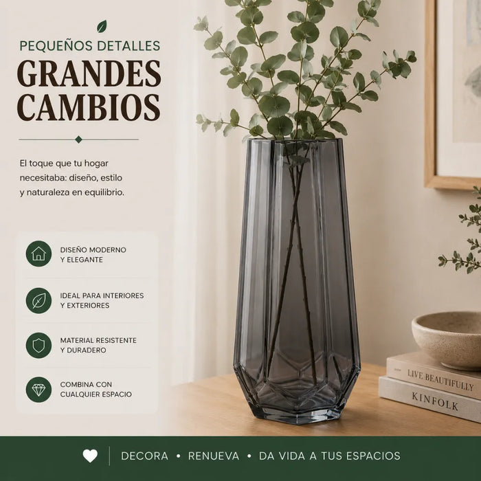 Florero Decorativo Geometrico Hexagonal De Vidrio Oscuro M
