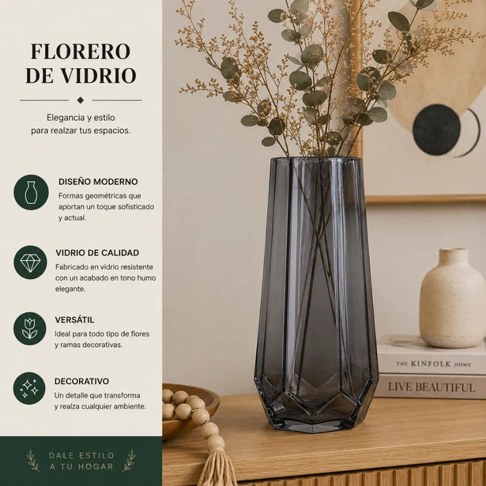 Florero Decorativo Geometrico Hexagonal De Vidrio Oscuro M