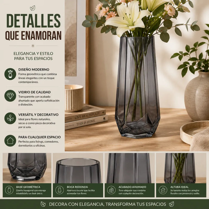 Florero Decorativo Geometrico Hexagonal De Vidrio Oscuro M