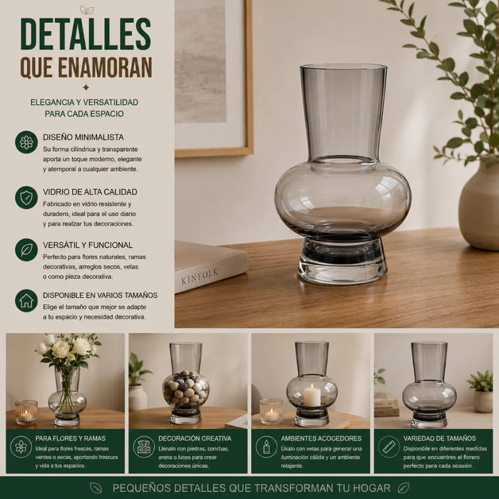 Florero Elegante De Vidrio Cristal Premium Tono Oscuro