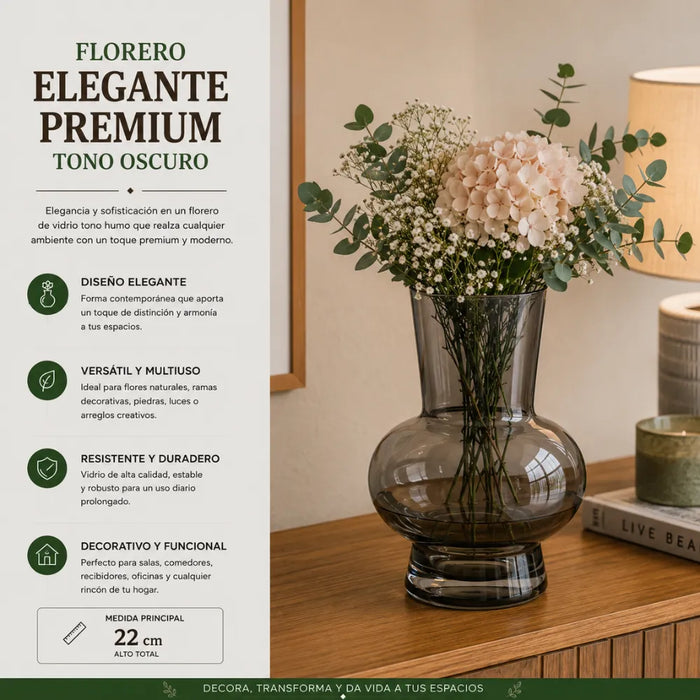 Florero Elegante De Vidrio Cristal Premium Tono Oscuro