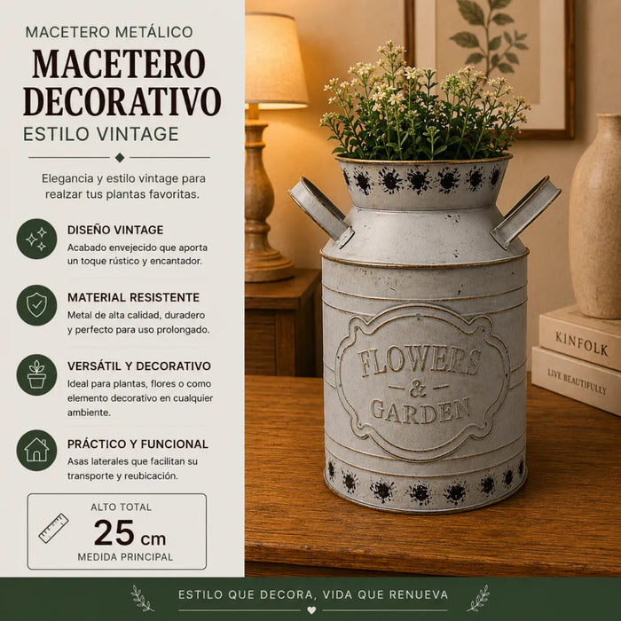 Florero Metalico Tipo Lechero Decorativo Vintage Relieve