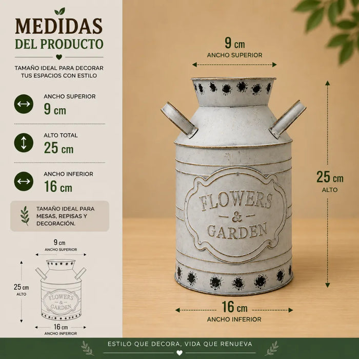 Florero Metalico Tipo Lechero Decorativo Vintage Relieve