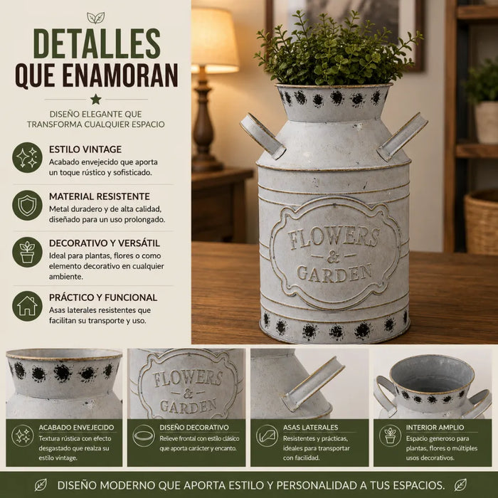 Florero Metalico Tipo Lechero Decorativo Vintage Relieve