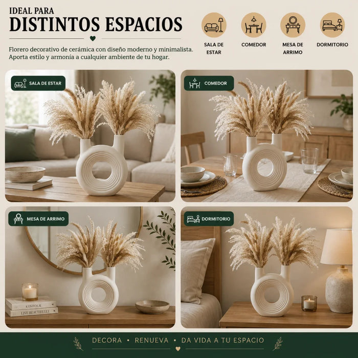 Florero Redondo Doble Blanco de Ceramica Decorativo Hogar
