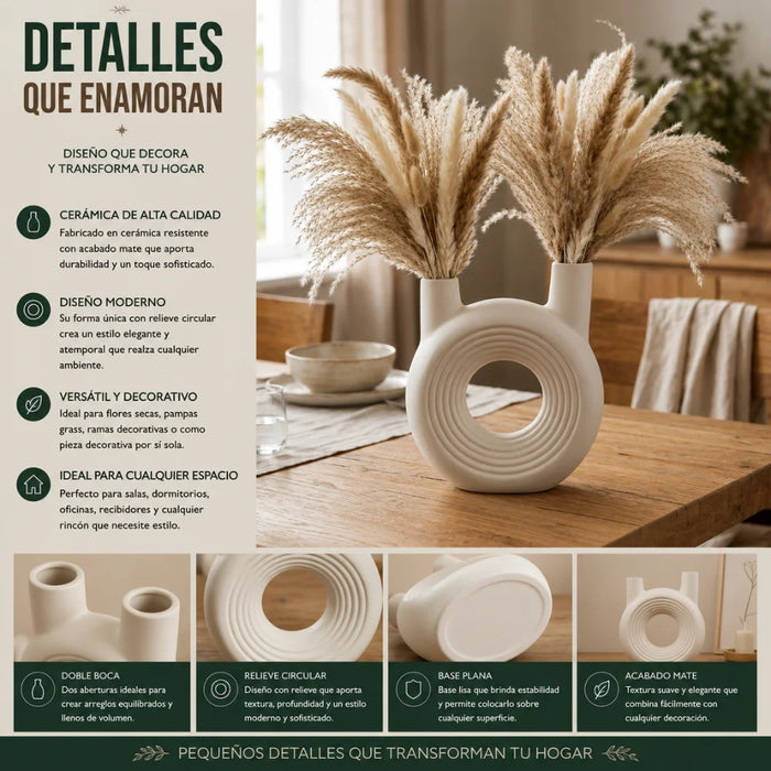 Florero Redondo Doble Blanco de Ceramica Decorativo Hogar