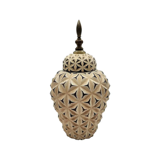 Jarrón Decorativo Blanco Con Detalles En Negro Con Tapa - Fliperex