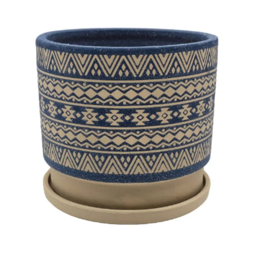 Macetero Maceta De Ceramica Azul Con Patrones Beige L - Fliperex