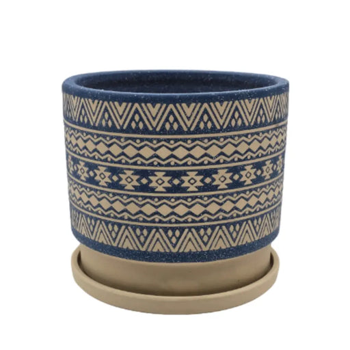 Macetero Maceta De Ceramica Azul Con Patrones Beige M - Fliperex