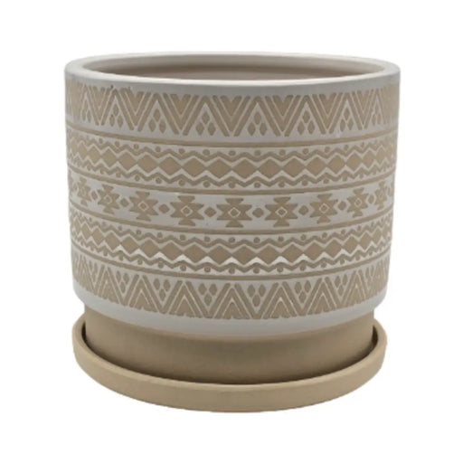 Macetero Maceta De Ceramica Beige Con Patrones Blancos L - Fliperex