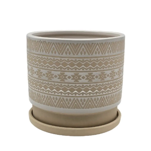 Macetero Maceta De Ceramica Beige Con Patrones Blancos M - Fliperex