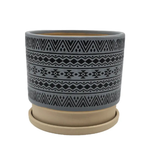 Macetero Maceta De Ceramica Gris Con Patrones Negros M - Fliperex