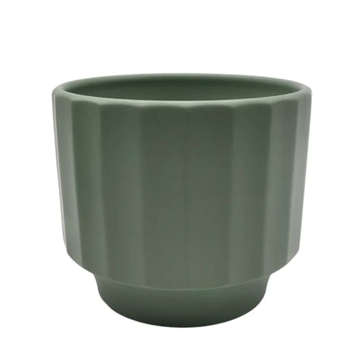 Macetero Maceta De Ceramica Verde Oliva Lineas Verticales M - Fliperex