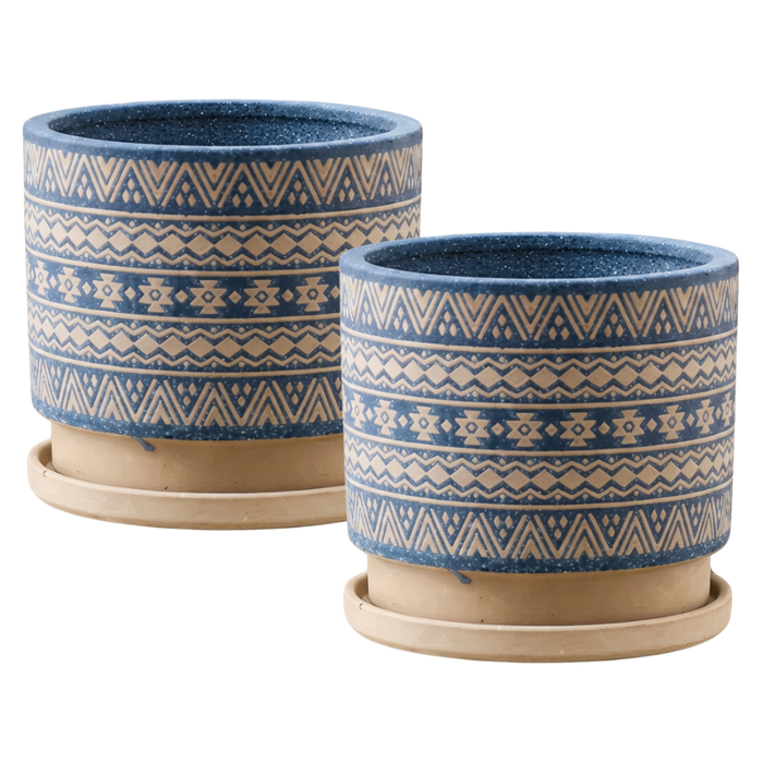 Macetero Maceta De Ceramica Azul Con Patrones Beige L