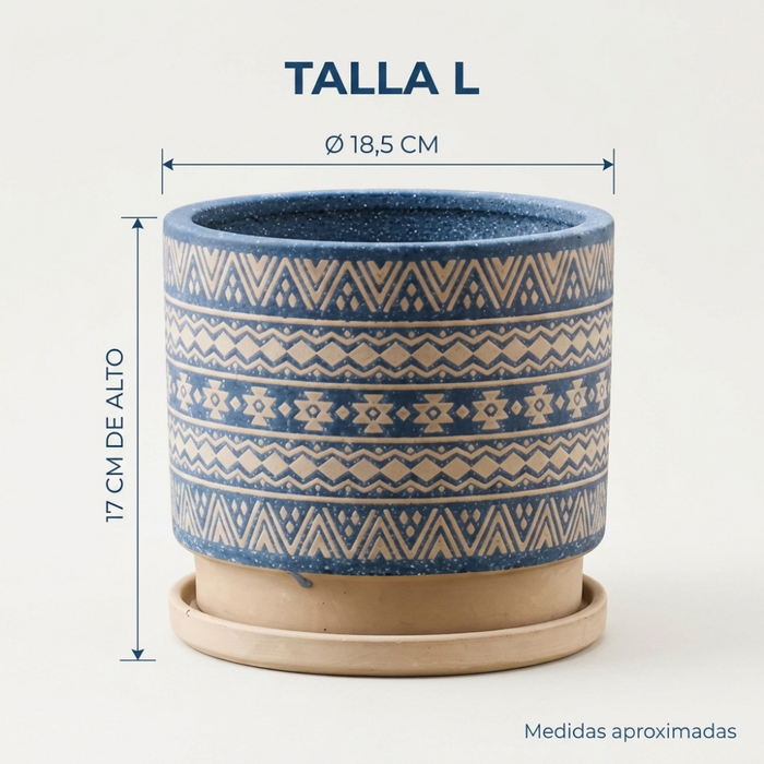 Macetero Maceta De Ceramica Azul Con Patrones Beige L