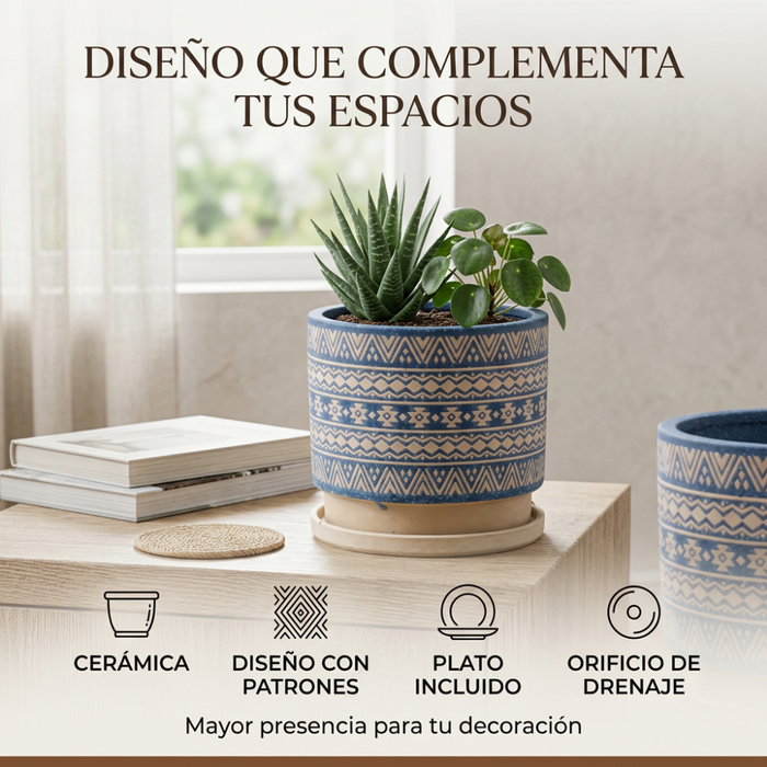 Macetero Maceta De Ceramica Azul Con Patrones Beige L