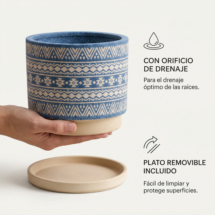 Macetero Maceta De Ceramica Azul Con Patrones Beige L