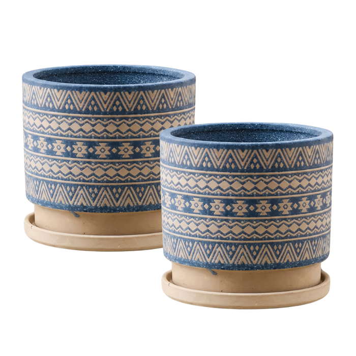Macetero Maceta De Ceramica Azul Con Patrones Beige M