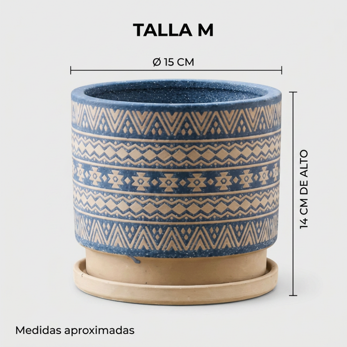 Macetero Maceta De Ceramica Azul Con Patrones Beige M