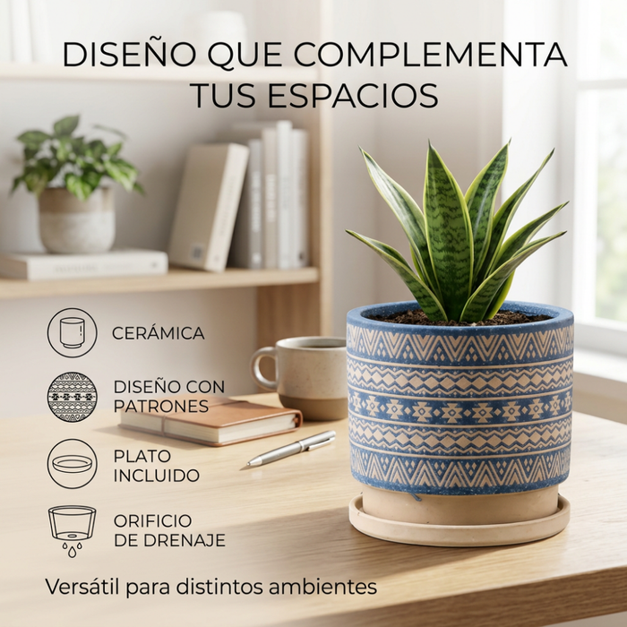 Macetero Maceta De Ceramica Azul Con Patrones Beige M