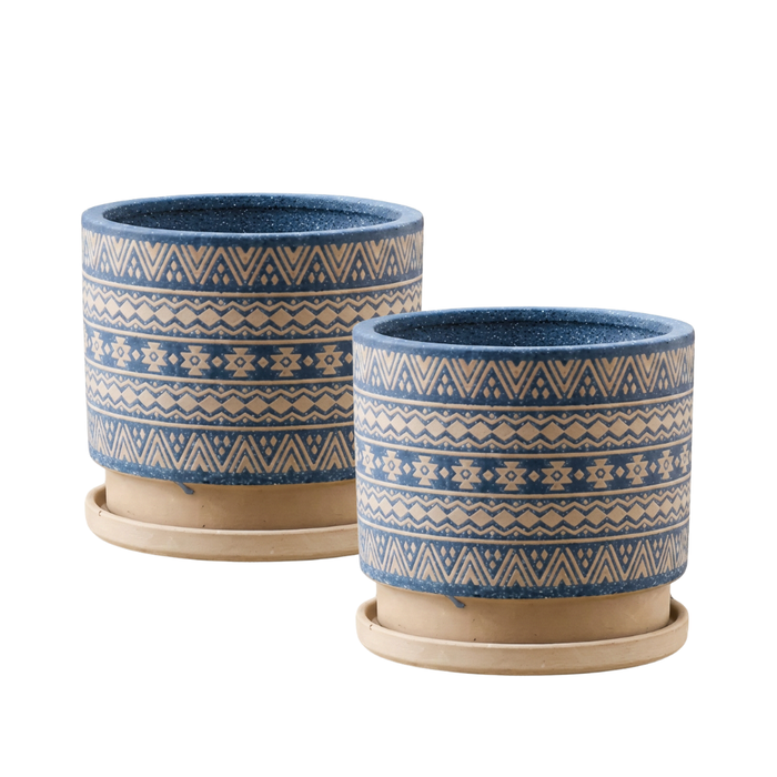Macetero Maceta De Ceramica Azul Con Patrones Beige S