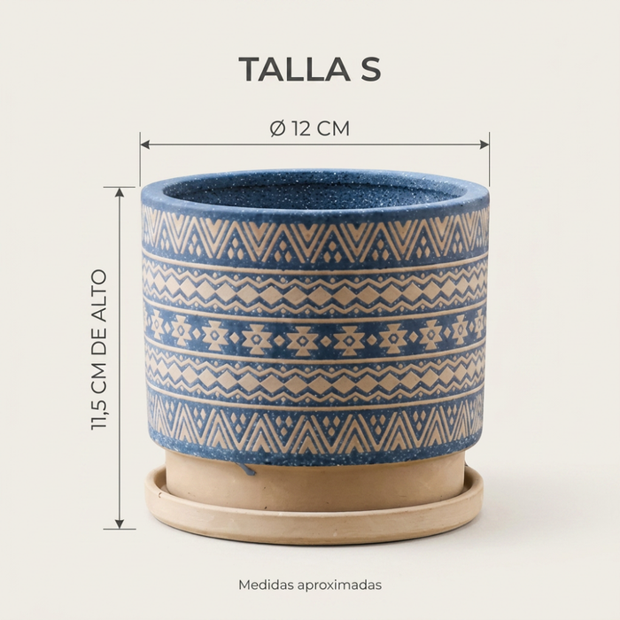 Macetero Maceta De Ceramica Azul Con Patrones Beige S