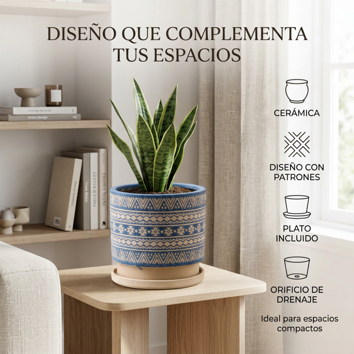 Macetero Maceta De Ceramica Azul Con Patrones Beige S