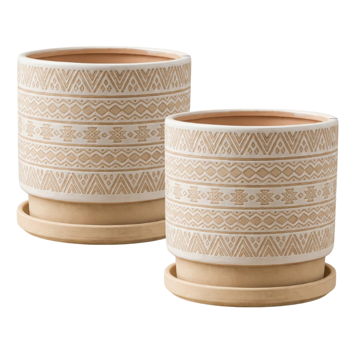 Macetero Maceta De Ceramica Beige Con Patrones Blancos L