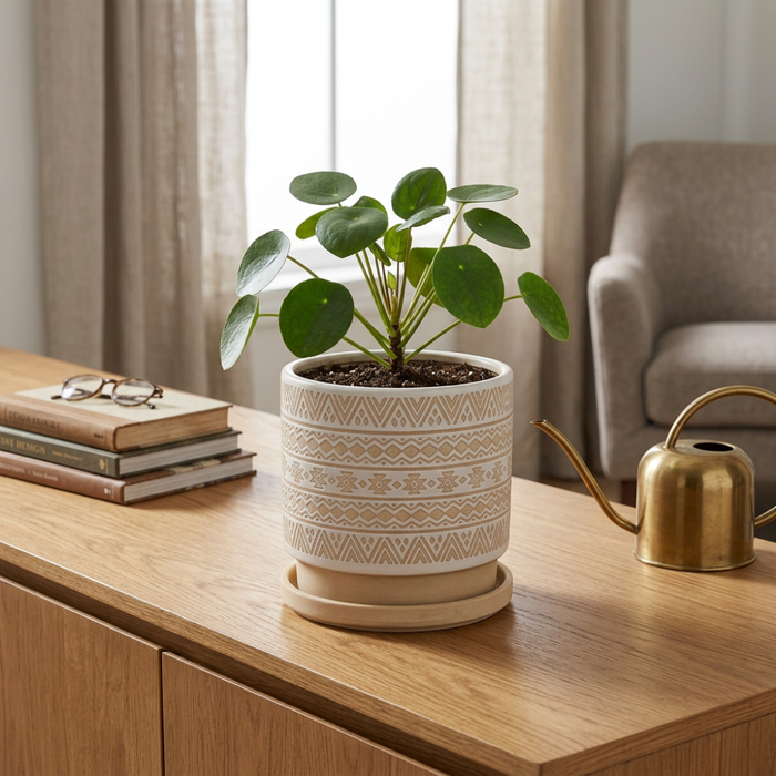 Macetero Maceta De Ceramica Beige Con Patrones Blancos L