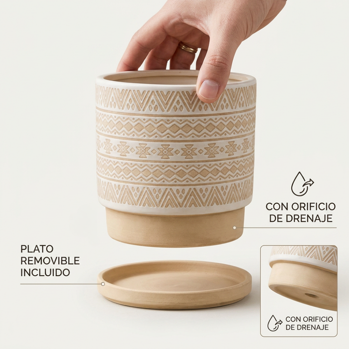 Macetero Maceta De Ceramica Beige Con Patrones Blancos L
