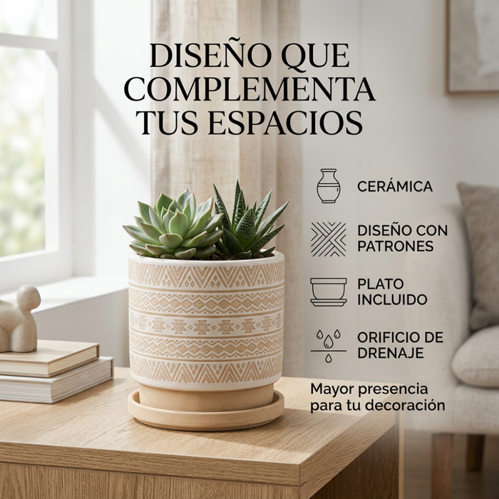 Macetero Maceta De Ceramica Beige Con Patrones Blancos L