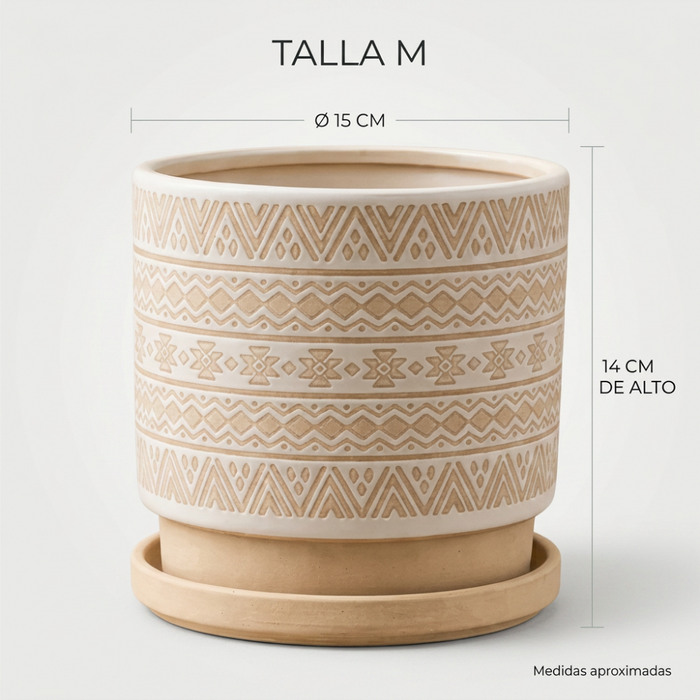 Macetero Maceta De Ceramica Beige Con Patrones Blancos M