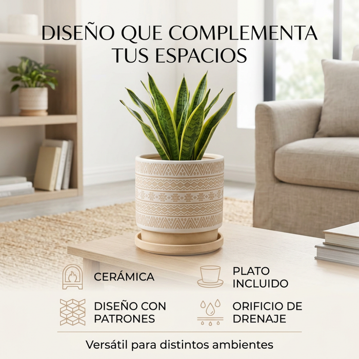 Macetero Maceta De Ceramica Beige Con Patrones Blancos M