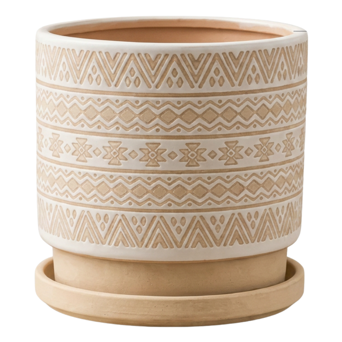 Macetero Maceta De Ceramica Beige Con Patrones Blancos S
