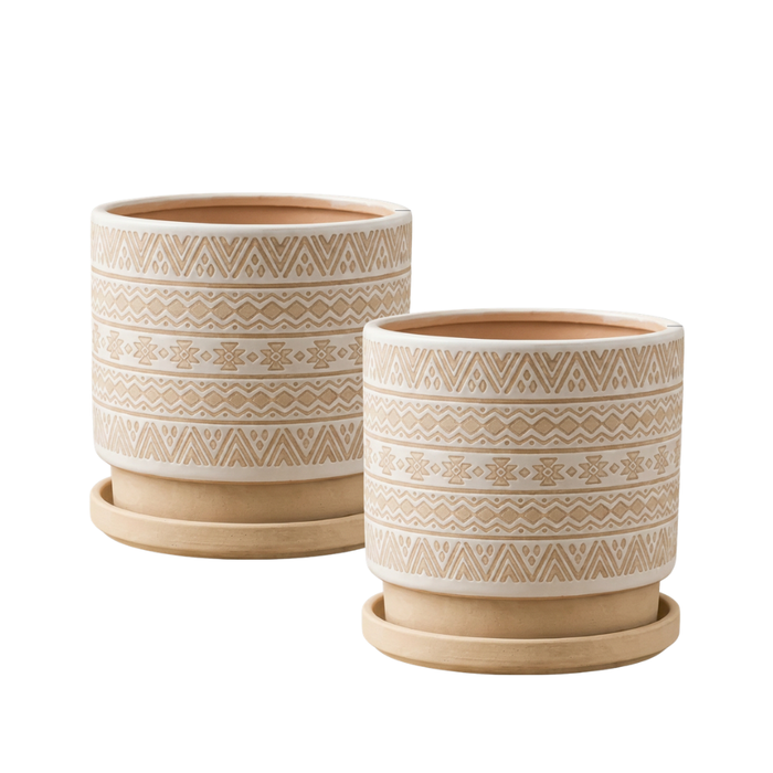 Macetero Maceta De Ceramica Beige Con Patrones Blancos S